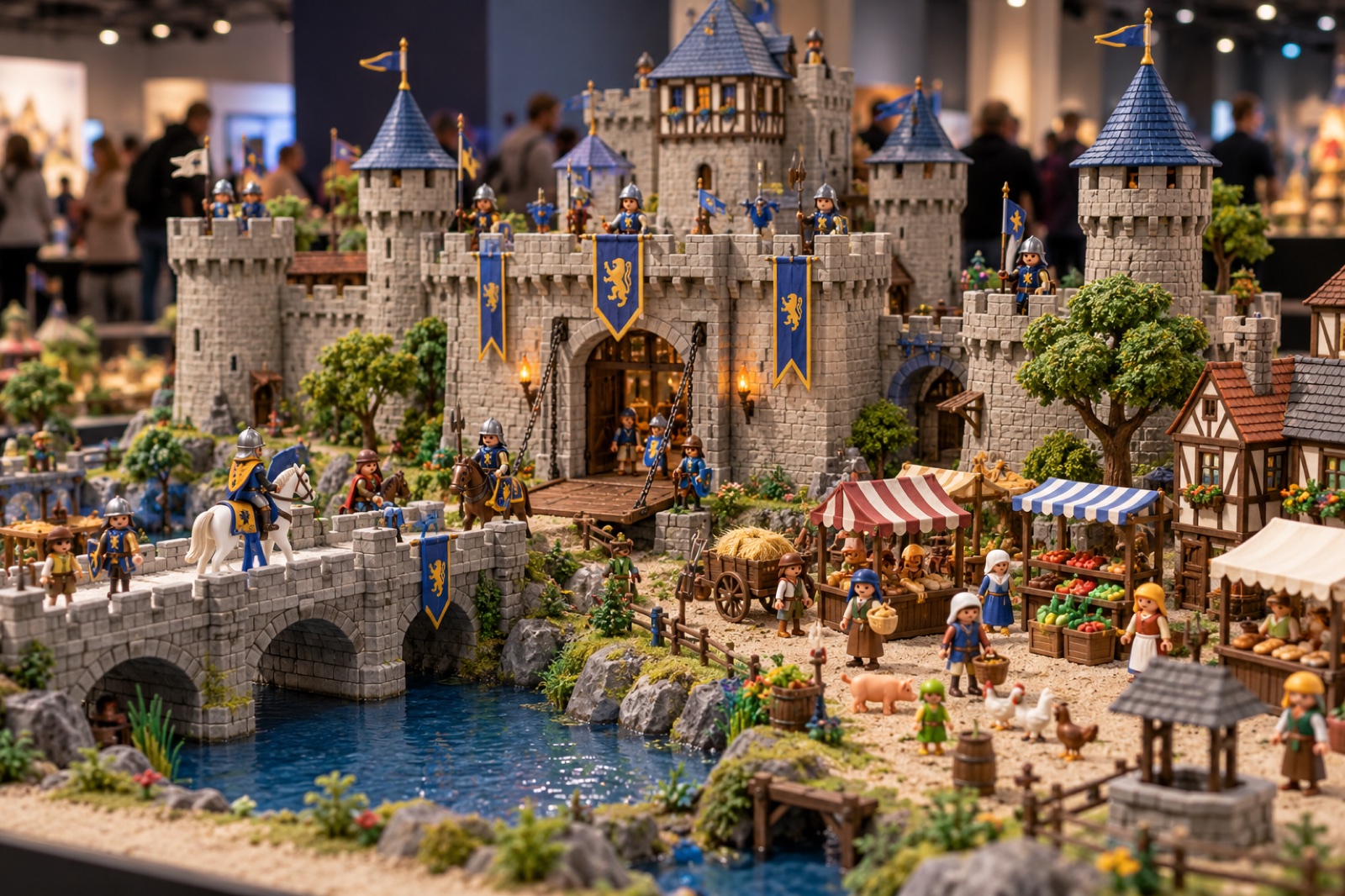 Diorama medieval con castillo, mercado y figuras