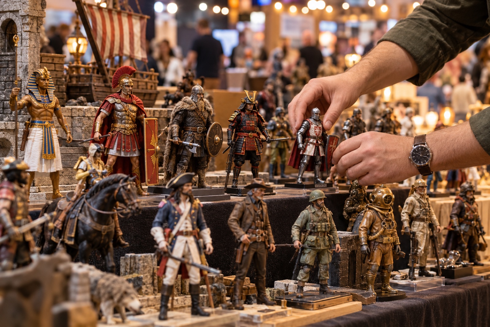 Mesa de coleccionismo con figuras históricas