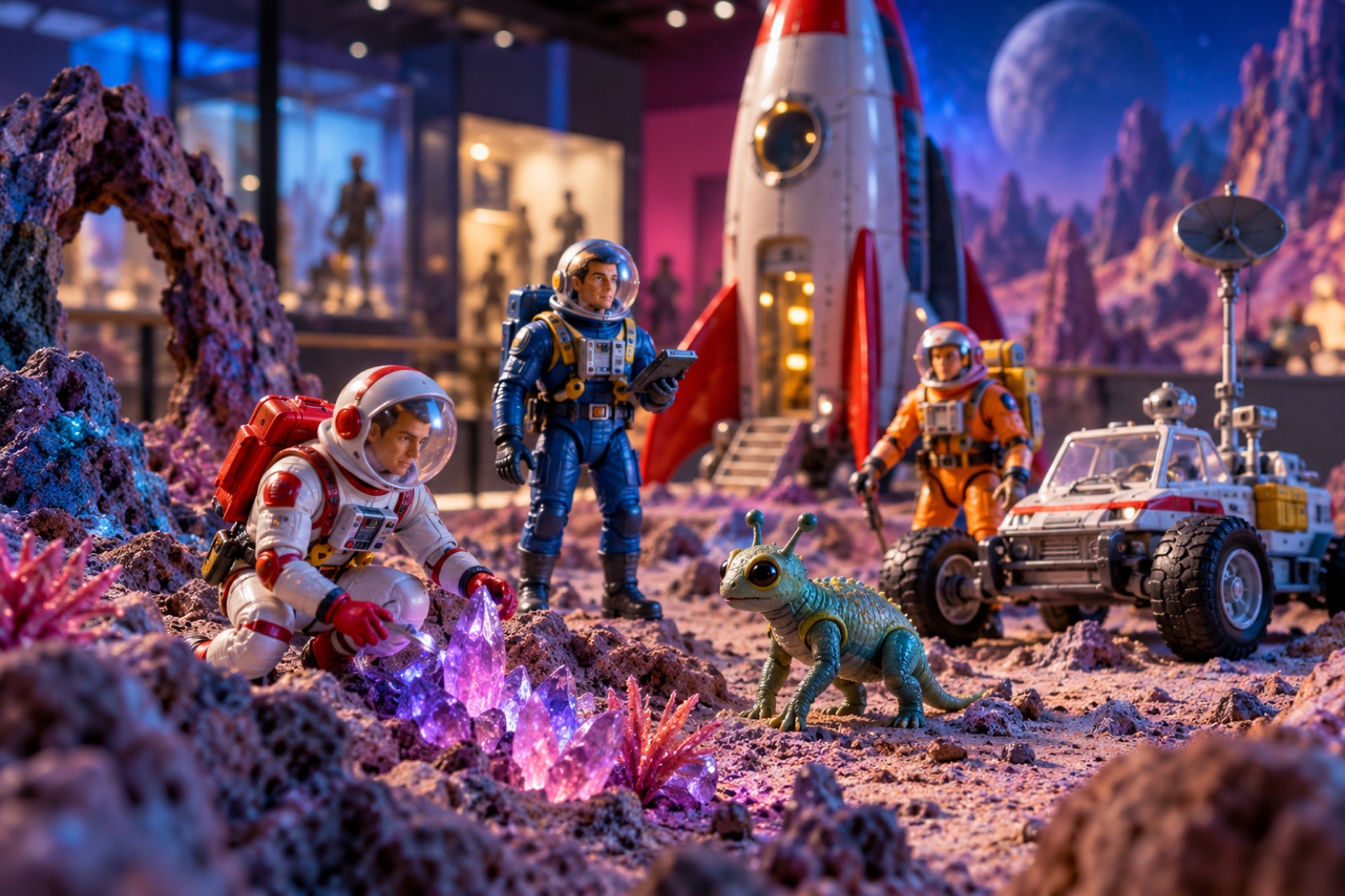 Diorama espacial con cohete, vehículo y exploradores