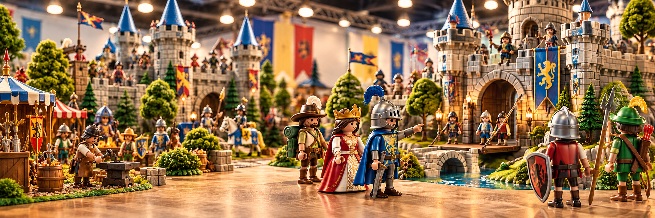 Gran diorama medieval de figuras articuladas en una exposición